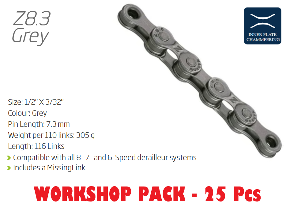 "NEW" - CHAIN WORKSHOP BOX - Includes 25 Chains - KMC Z8.3 - 6/7/8 Speed Chains - 116L - Grey (almost silver) - with Connect Link